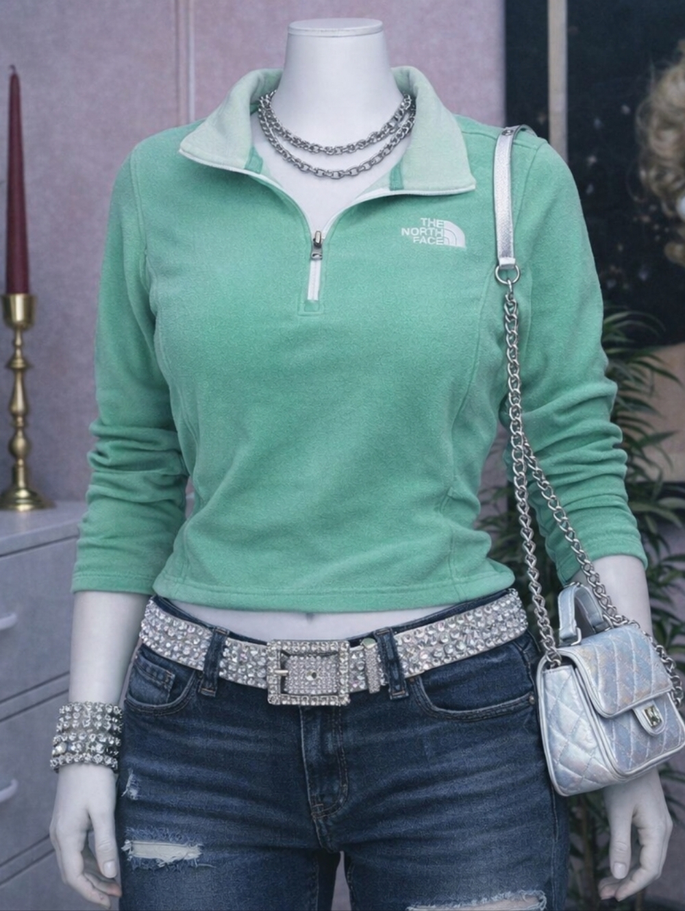 The North Face Women’s Small Green Quarter Zip Fleece Pullover Flawed